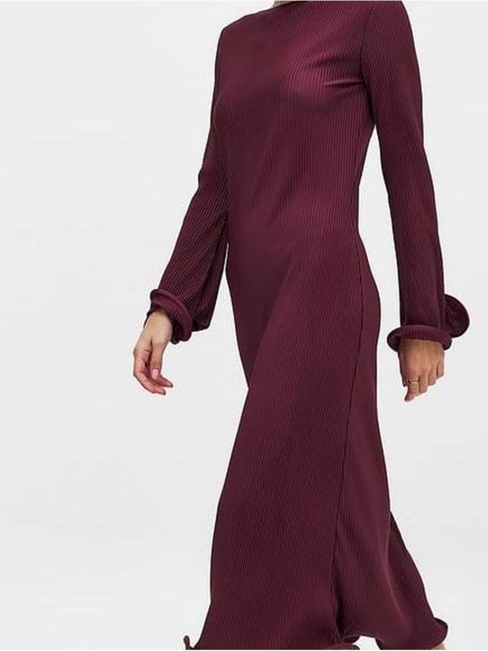 NA-KD Long Sleeve Ribbed Burgundy Maxi Dress